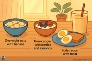 A cartoon-style 16:9 image showing a cheerful breakfast table with four labeled healthy breakfast options:
Overnight oats with banana
Greek yogurt with berries and almonds
Boiled eggs with toast
Banana-oat smoothie
Soft morning lighting and a calm start-of-day mood.