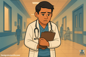 A cartoon-style 16:9 illustration of the doctor walking alone down a hospital hallway. Background characters (nurses, patients) are subtly blurred or faded, highlighting the doctor’s isolation and stress. Their posture look slightly tense or overwhelmed, holding a clipboard.