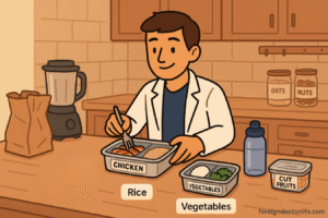 A cartoon-style 16:9 image of a home kitchen scene. The doctor is packing healthy meals into labeled containers: grilled chicken, rice, vegetables, and cut fruits. Surrounding items include a grocery bag, blender, water bottle, and labeled snack containers. The mood feel organized, productive, and satisfying.