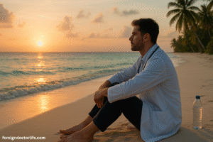 A doctor sitting quietly by the shoreline at sunrise, barefoot in the sand with a water bottle beside them. Gentle waves roll in as palm trees sway in the distance. Use soft lighting to emphasize tranquility and connection with nature.