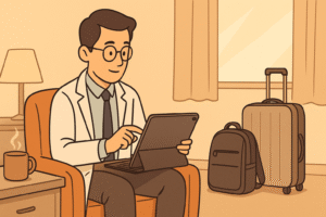 A doctor sitting in a cozy hotel room, using an iPad Pro for a telemedicine consultation. There should be a peaceful, travel-ready ambiance with the doctor working in an organized space. The room should include travel essentials like a suitcase, backpack, and coffee mug. Soft lighting and minimal background to focus on the doctor and tech tools.