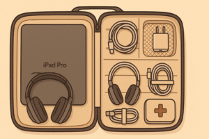 A professional travel bag (e.g., Nomatic Backpack) opened with gadgets inside: iPad Pro, noise-canceling headphones, chargers, cables, and a small first aid kit. The items are neatly arranged in compartments, with a focus on the minimalist and organized nature of the setup. Use clean lines and a simple color palette for a sleek, modern feel