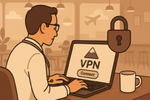 A doctor on a laptop with a VPN interface on the screen and an encryption lock symbol beside their device. The background should show a cozy café or airport, with soft lighting. The image should communicate security and professionalism, highlighting the importance of protecting patient data while traveling.