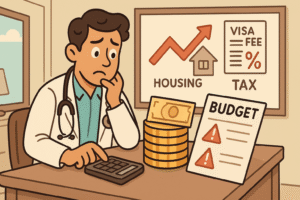 the doctor looking concerned in front of a board or chart showing rising costs (housing rent arrow up, visa fee icon, tax icon). The setting could be a small office or hotel room setup abroad. The doctor taps a calculator and looks at a “Budget” sheet with red warnings.