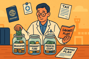 The doctor with a notebook labelled “Savings Plan”, placing money into three labelled jars: “Relocation”, “Emergency Fund”, “Medical Exams”. Around them, floating icons: passport, hospital badge, tax forms. The mood is organised, hopeful, proactive.