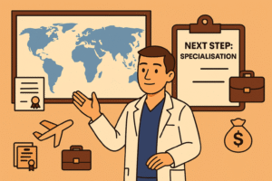 The doctor giving a presentation or standing beside a world map and a clipboard showing “Next Step: Specialisation”. Around them are icons of a certificate, airplane, briefcase, and money bag. The mood conveys turning overseas work into career‑capital and financial freedom.