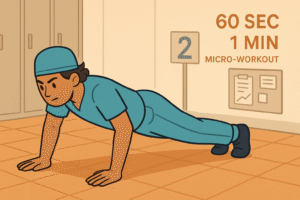 The doctor doing a micro‐workout for fitness: push‐ups in the break room. The background suggests hospital setting (floor sign, lockers, chart board). Have small text icons / labels like “60 sec”, “1 min”, “micro‑workout” in a corner.
