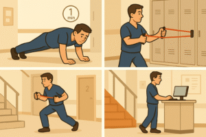 Four small panels (in one frame) showing: (1) 1‐minute plank in break room; (2) resistance band rows in on‐call locker; (3) using stairs instead of elevator; (4) calf raises at standing station during charting. Doctor character present in each panel. Style consistent, background hints hospital environment.”