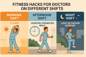 Morning shift icon (sunrise + 5‑8 min stretch), afternoon shift icon (clock 4pm + hospital perimeter walk), night shift icon (moon + light activation exercise). The doctor character appears at each shift scenario performing the relevant move.