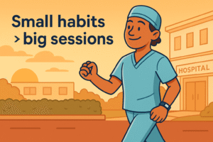 The doctor character mid‐walk around hospital grounds, wearing a fitness tracker, smiling, with text overlay: ‘Small habits > big sessions’. Background: hospital exterior, slight sunset lighting suggesting end of long shift.