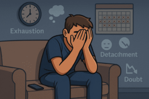 The doctor at home after a shift: sitting on a sofa, scrubs on, head in hands, phone unread, clock reading late hour. The room is dim, background shows calendar with heavy shift load, and faint icons around like “💭 Exhaustion”, “😶 Detachment”, “📉 Doubt”. Mood: recognition of burnout.