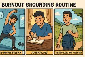 The doctor doing grounding routine: in gym gear performing 15‑minute stretch, then writing in a journal at home, then packing a scenic short‑walk bag. 