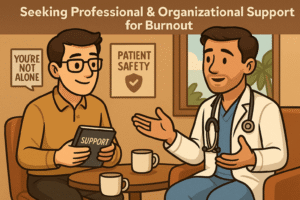 The doctor in discussion with a mental‑health professional or peer‑support group in a relaxed office or café abroad: one figure with a notebook labeled “Support”, the other doctor showing open posture and slight relief. 