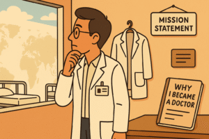 The doctor in a hospital ward abroad, pausing between patients to look out a window or at a map. Surroundings include a simple badge, a white coat, and subtle symbols like a mission‑statement board or “Why I Became a Doctor” notebook. Mood is introspective and purposeful.