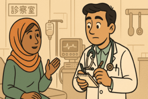 The doctor encountering a scenario abroad: consulting with a patient from a different culture, while taking notes on a small pad. The background shows a typical foreign clinical setting (different language signage, varying equipment). Expression shows resilience and curiosity.