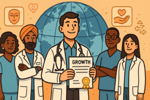 The doctor with a globe or world map behind them, standing confidently with a group of diverse colleagues (locals + other international doctors). They hold a certificate or testament of growth, with icons around of culture, empathy, and adaptability. Mood is celebratory and forward‑looking.