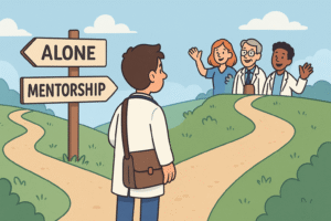 A young doctor standing at a crossroads with two signposts: one labeled ‘Alone’ and one labeled ‘Mentorship.’ A few professionals wave from the ‘Mentorship’ path. Uplifting color palette with light blue and white tones.
