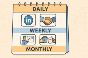 A calendar page with small icons showing daily habits (LinkedIn logo, handshake), weekly goals (presentation, coffee chat), and monthly goals (conference badge, updated CV). Soft color palette, easy-to-read design.
