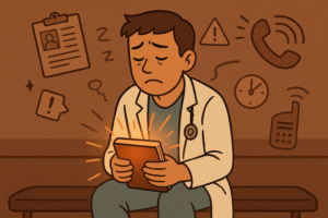 A tired doctor sitting on a hospital bench, holding their journal while surrounded by floating symbolic stress elements: patient charts, alarm icons, ringing phones, long shift clocks. On the journal, warm light radiates outward, representing emotional release and clarity.
