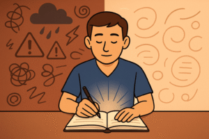 The doctor writing in their journal with two halves of the background: left side chaotic (scribbled thoughts, storm clouds, stress icons), right side calm (organized thoughts, soft shapes, brighter color palette). Journaling is the transition point between chaos and clarity.