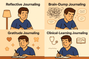 Split-scene illustration showing four journaling types: 1. Doctor writing reflective notes post-shift 2. Doctor doing a fast “brain dump” with swirling thoughts becoming neat lines on paper 3. Doctor writing gratitude notes with warm, uplifting icons 4. Doctor writing clinical-learning insights with small medical symbols (stethoscope, textbook, ECG line)