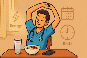 The doctor sitting at a small breakfast table (in a home or on‑call room) with a bowl of oats + fruit, a glass of water, and their phone turned off or face‑down. The doctor is stretching lightly (arms overhead) while looking focused and calm.