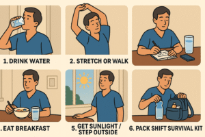 Morning routine: Drinking a full glass of water on waking, Doing 5‑10 minutes of stretches or a brisk walk, Eating a balanced breakfast (protein + carbs + fruit), Writing down top 3 priorities on a notebook with pen, Standing by a window with sunlight or stepping outside, Packing a “shift survival kit” (water bottle, snacks, charger) into a bag.