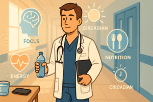 The doctor arriving into a hospital ward, looking alert and calm. Around them are faint transparent overlays/icons showing physiology/nutrition/psychology: e.g., a brain icon (focus), a heart/pulse icon (energy), a plate icon (nutrition), and a sun icon (circadian).
