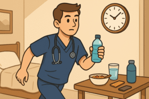 The doctor in a hurry in a dormitory room: he is grabbing a water bottle while still in scrubs. A wall clock shows rush time. But the doctor still looks prepared, calm and composed—emphasising a “mini routine” that still works.