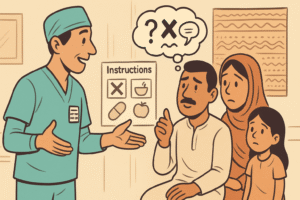 The doctor talking with a patient and their family in a culturally unfamiliar setting. The doctor gestures, while the patient nods but behind them thought‑bubble icons indicate misunderstanding (e.g., question mark, cross, speech wobble). On a wall chart behind, there is a heading “Instructions” with confusing icons. This highlights language/communication mismatch.