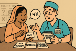 The doctor learning from a local nurse or translator. They sit together, looking over a set of flash‑cards labelled “Key Phrases”, “Pain”, “Dizziness”, “Medication instructions”. The doctor holds a notebook saying “Adaptation Notes.” Mood is collaborative, encouraging.