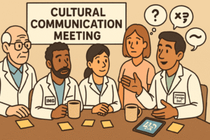 A small group of doctors (international/multicultural), one with a badge labelled “IMG” or “Foreign Doc”, another local, all around a table with coffee mugs. On the table are sticky notes, translation app icons on a tablet, and a signboard behind reading “Cultural Communication Meeting”. The scene suggests sharing strategies and support.