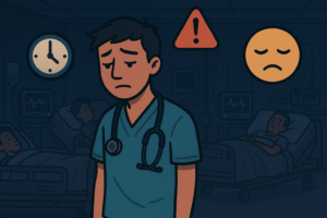 The doctor with poor sleep hygiene working in a hospital ward at night: monitors beeping, patients in beds, the doctor looking fatigued with slightly drooped shoulders. Around him are icons representing risk: slow clock, alert symbol, fatigue.