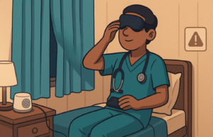 The doctor at home preparing for sleep after a night shift: they are drawing the blackout curtains, putting on a sleep mask, plugging the power bank, setting a white‑noise device, and turning off their phone screen. The mood is calm and intentional—showing the adoption of effective sleep hygiene routine.