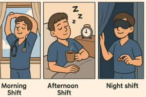 Morning shift scenario – doctor stretching by a window in daylight. Afternoon shift scenario – doctor with coffee, napping for 20 minutes, setting alarm. Night shift scenario – doctor wearing bright light at work, then coming home into darkness, with sleep mask and earplugs ready.
