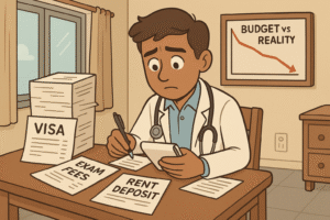 The doctor sitting at a small table in a temporary flat abroad, surrounded by bills and invoices (visa, exam fees, rent deposit). On the wall is a chart showing “Budget vs Reality” with red arrows. The doctor has a slightly worried expression but is taking notes. The setting conveys hidden financial costs of relocating.