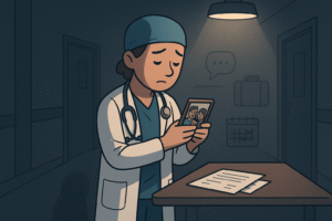 The doctor standing alone in a quiet corridor of a foreign hospital at night, under a single light fixture. They are looking at a photo of home in their hand (family picture) with a slight shadow of loneliness behind them. In the background are faint icons of social isolation: calendar with missed dates, speech bubble with “…” empty, and a suitcase unopened.