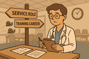The doctor in a hospital conference room looking at two paths on a signpost: one labeled “Service Role” and the other “Training Career”. The doctor holds a clipboard and looks uncertain. Behind them, a clock shows time passing, and behind the “service role” path there are slower arrows or snail icons. The scene highlights delayed progression and scope limitations.