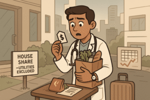 The doctor carrying groceries outside a modern city apartment, looking at a price tag in shock (cost-of-living high). Nearby is a small board “House Share – Utilities Excluded” and the doctor’s watch showing late hours. In the background is a calendar showing fewer free days. The scene emphasises higher daily living costs and work‑life disruptions abroad.
