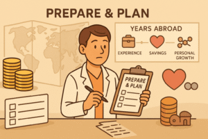 The doctor standing with a map and a timeline behind them: “Years Abroad” marked with milestone icons (experience, savings, personal growth). On one side is a stack of coins and on the other a heart symbol and network icon, showing benefits. The doctor holds a pen and checks off a list titled “Prepare & Plan”. The mood is optimistic but realistic — weighing costs vs benefits.