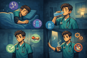 A doctor following a structured night shift routine: taking a short nap, drinking water, eating a light snack, adjusting blackout curtains. Simple icons float around the doctor representing sleep, nutrition, caffeine control, and routine.