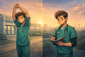 A doctor walking outside at early sunrise after a night shift, soft morning light in the sky. The doctor is stretching or journaling, hospital building behind them, symbolizing recovery, reflection, and emotional grounding after night duty.