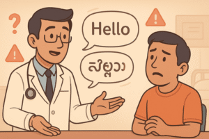 A doctor explaining while the patient looks confused. Speech bubbles filled with mixed characters (English + unfamiliar script), showing miscommunication.
