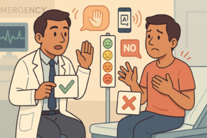 Doctor and patient communicating quickly with gestures, yes/no cards, and pain score chart. Subtle pulse monitor in background, urgency but calm teamwork vibe.