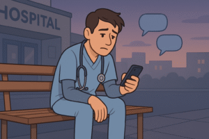 A tired doctor sitting alone on a bench outside a hospital at dusk. Phone in hand, looking thoughtful or slightly lonely. Subtle elements around like a clock showing late hour, chat bubbles floating above with no replies.