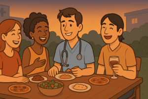 A foreign doctor joining a casual expat group dinner outdoors making new friends — different ethnicities smiling, food on table, warm evening lighting. Background shows light hospital elements to hint at shared profession.