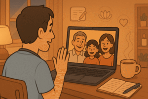 A doctor video-calling family from a cozy room after a shift. On-screen are smiling loved ones, while a warm drink, notebook, and calming lights are nearby. Subtle icons of journaling, meditation, and self-care visible around.