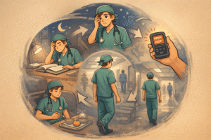 A young doctor surrounded by repeating routines: studying late at night, answering a pager, walking hospital corridors, skipping a meal. The scenes loop in a circular pattern, symbolizing how medicine gradually becomes a lifestyle through repetition and responsibility.