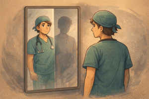 A doctor looking into a mirror where their reflection is split — one side shows a confident clinician in scrubs, the other a quiet human figure fading into the background.
