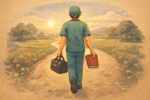 A doctor walking forward while carrying a medical bag in one hand and personal symbols in the other.